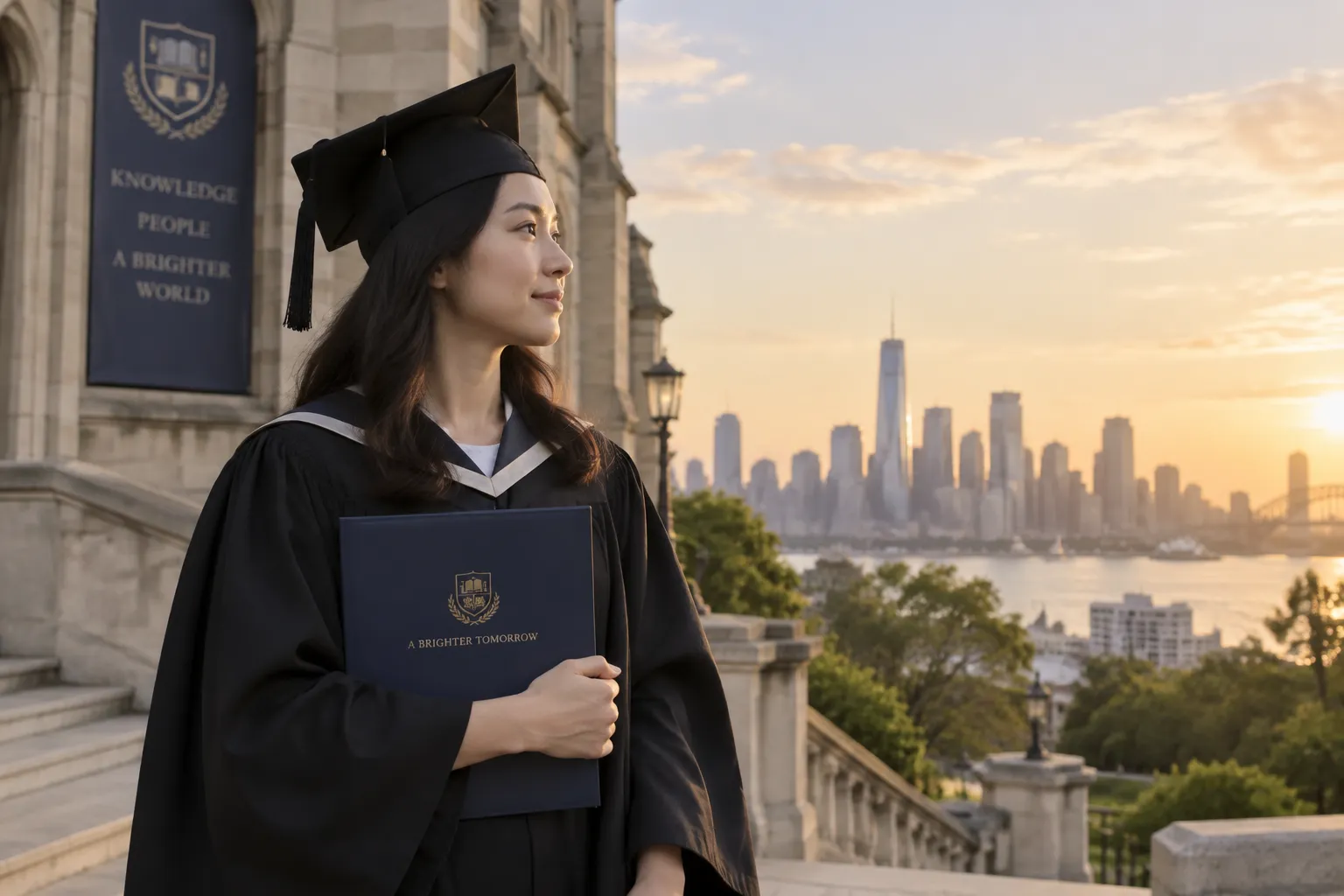 Mezun öğrenci diplomasıyla şehir manzarasına bakıyor 